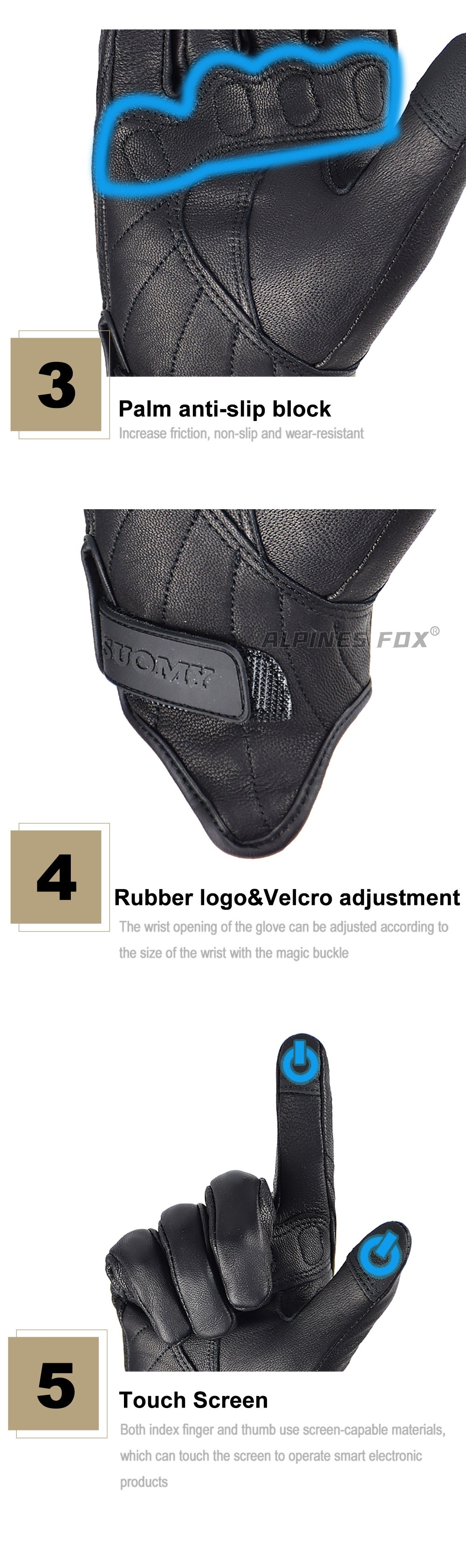 Motorcycle Vintage Leather Gloves by Suomy, Unisex for Men and Women