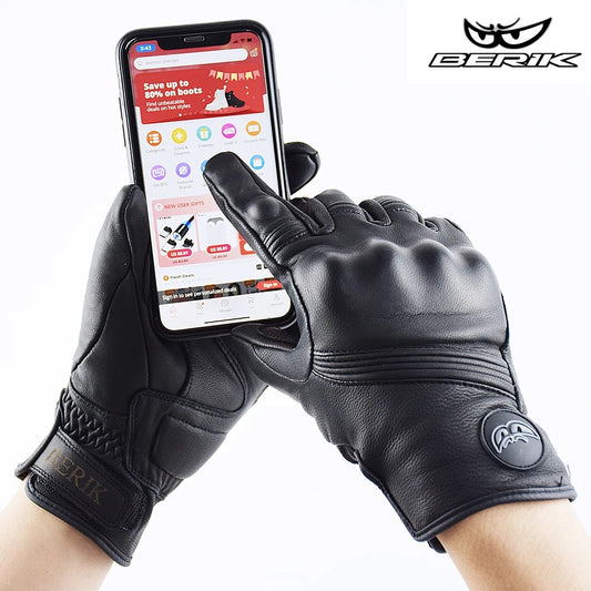 Motorcycle Leather Gloves, Black Classic Retro, Motorbike Gloves, able to Touch Screen