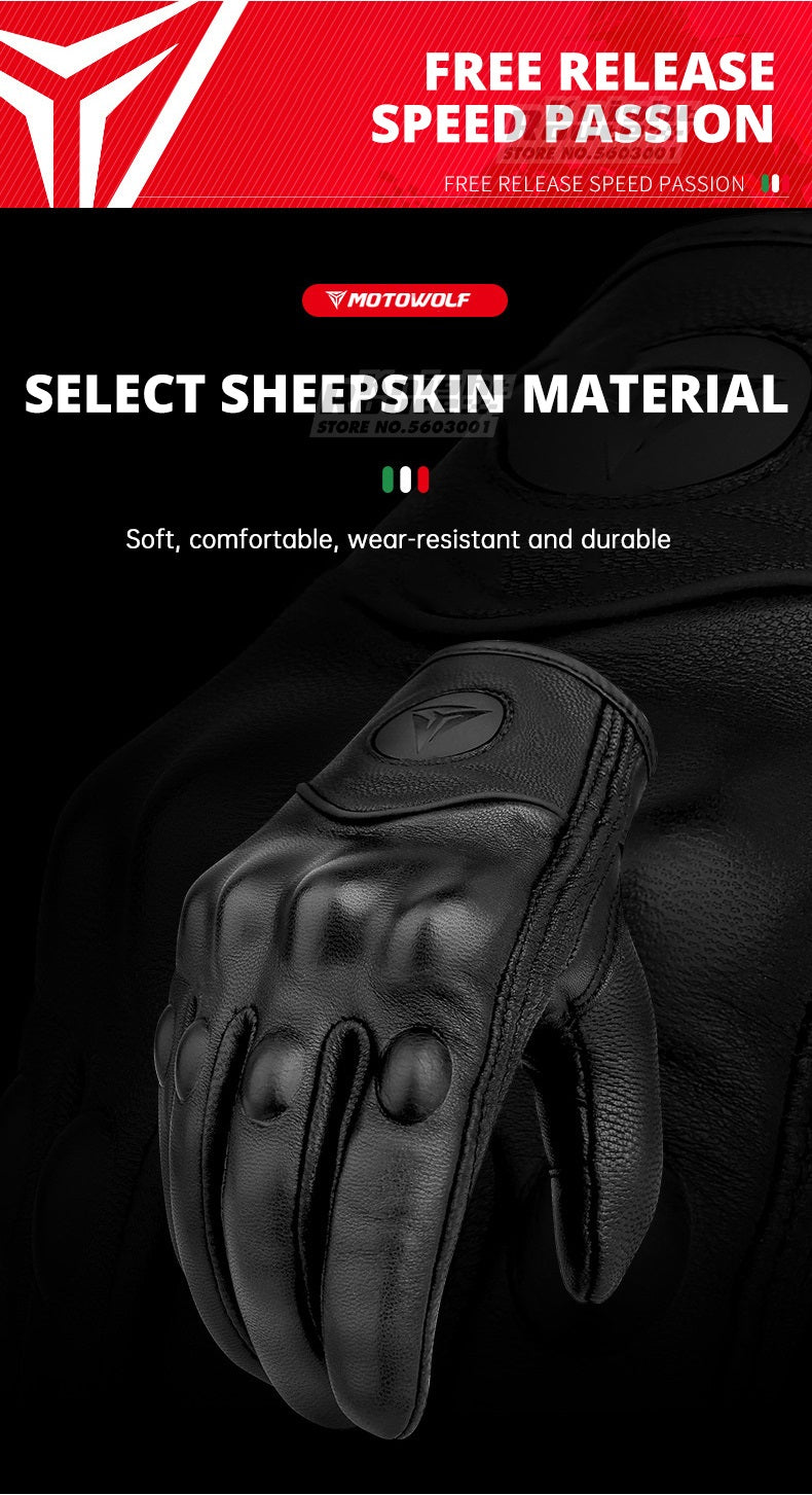 Motorcycle Gloves, Genuine Goatskin Leather, Touch Screen, Fist Joint Protection