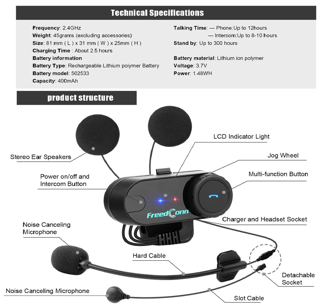 Motorcycle Intercom Helmet Headset, FreedConn Bluetooth Headphone, FM, Music Sharing, Helmet Communicator, Speaker