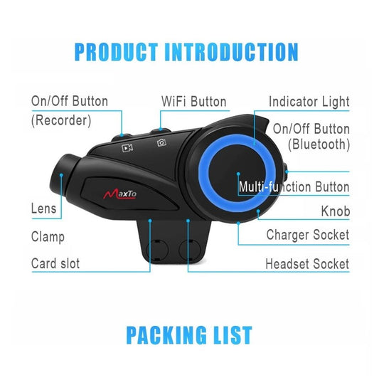 Motorcycle Bluetooth Helmet Headset with Intercom, Waterproof Lens, WiFi Video Recorder, Universal Pairing, Interphone, & DVR