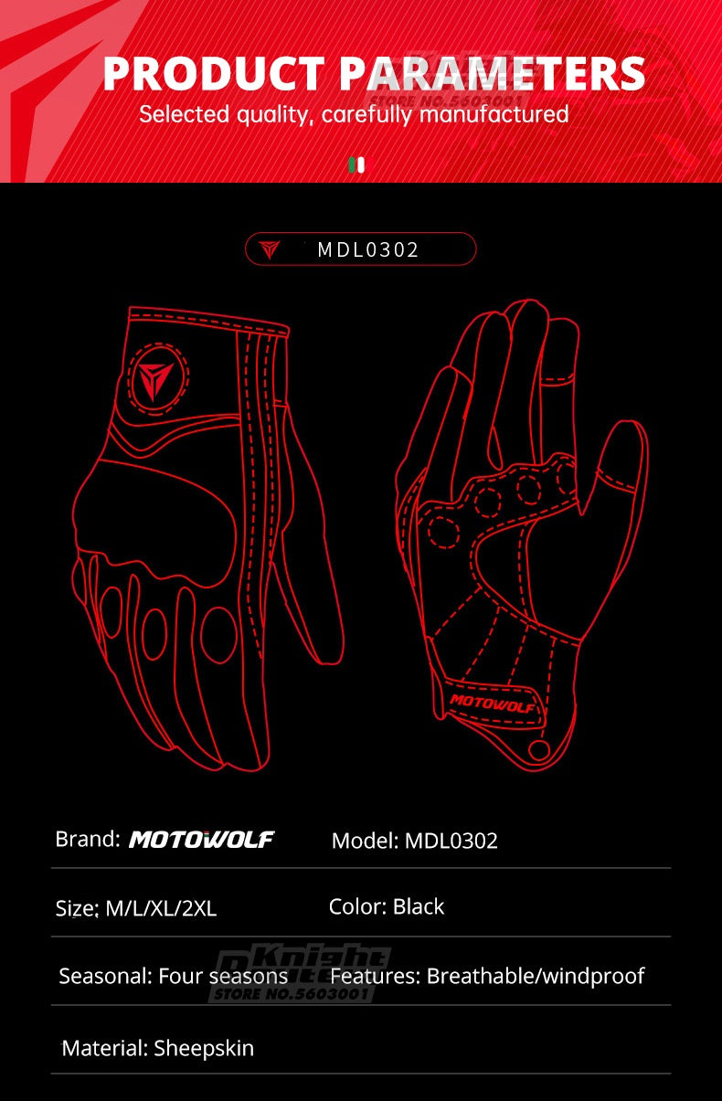 Motorcycle Gloves, Genuine Goatskin Leather, Touch Screen, Fist Joint Protection